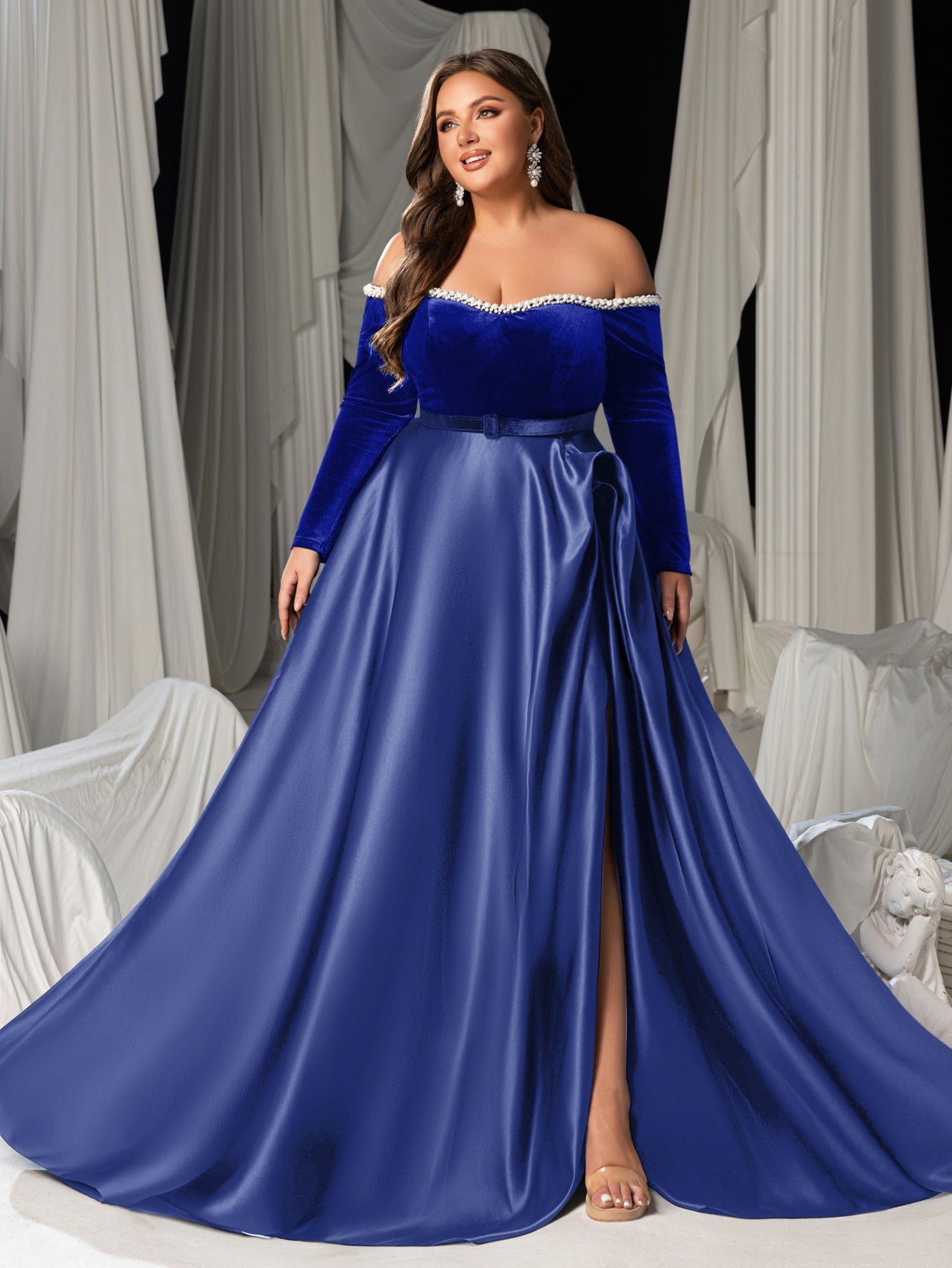Plus Women's Pearl Accented Off-The-Shoulder Formal Gown | Long Sleev Champagne / 2XL Plus Women's Pearl Accented Off-The-Shoulder Formal Gown | Long Sleev Champagne / 2XL