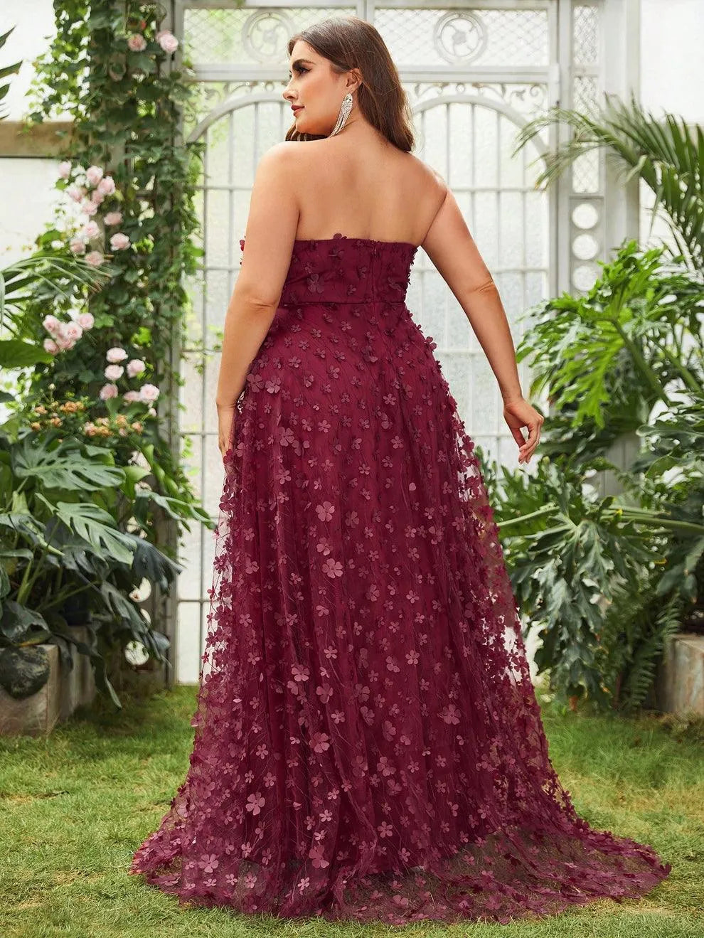 Plus Floral Appliques Split Thigh Mesh Tube Dresses Black / 3XL Plus Floral Appliques Split Thigh Mesh Tube Dresses Black / 3XL