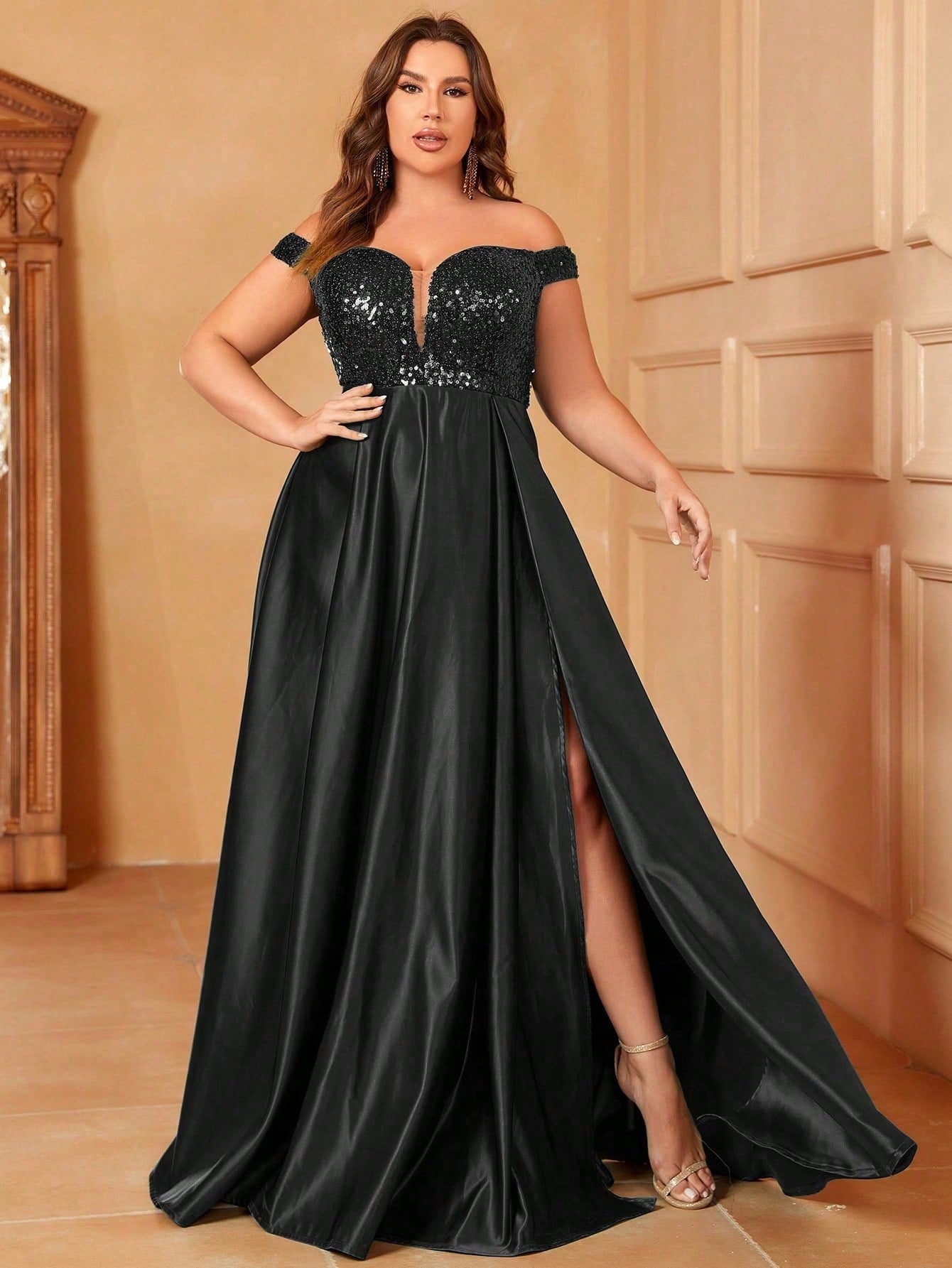 Plus Sweetheart Neckline Contrast Sequin Satin Prom Dress Black / 3XL Plus Sweetheart Neckline Contrast Sequin Satin Prom Dress Black / 3XL