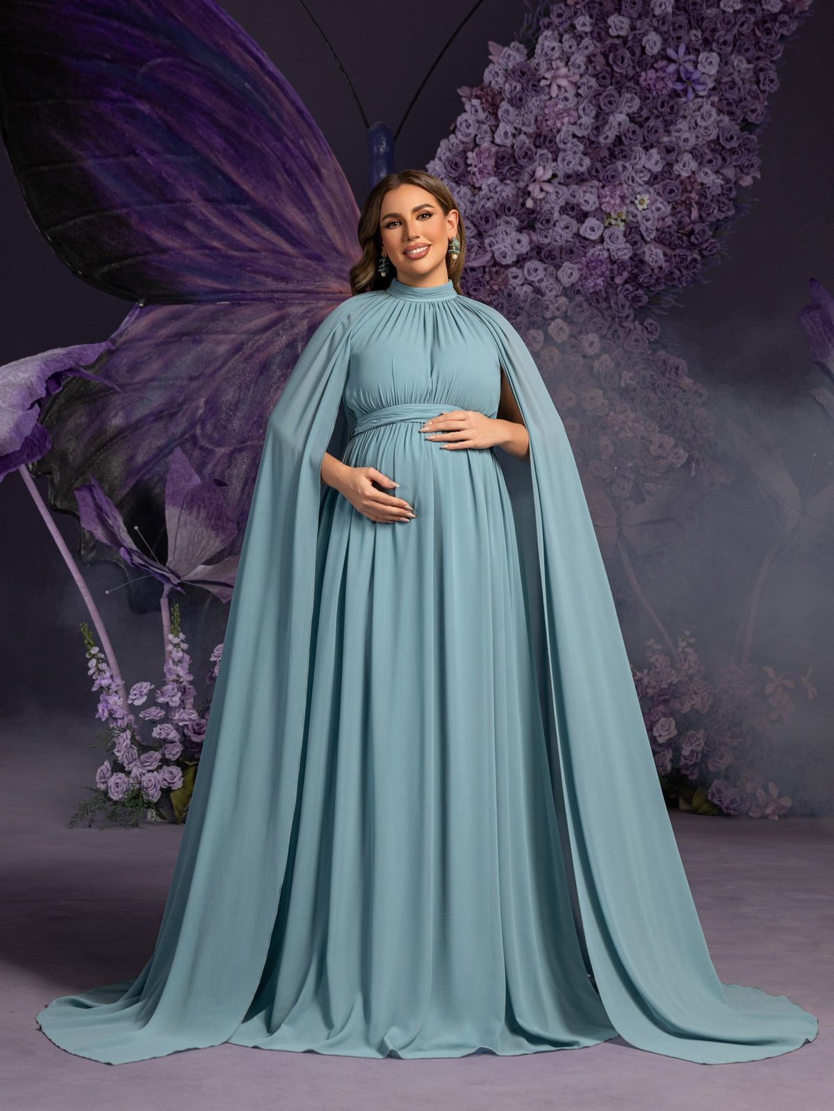 Plus Maternity Mock Neck Cape Sleeves Chiffon Evening Dress Teal Blue / 5XL Plus Maternity Mock Neck Cape Sleeves Chiffon Evening Dress Teal Blue / 5XL