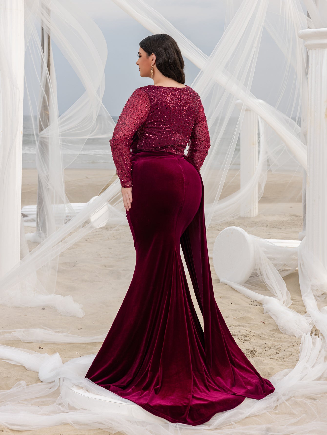 Plus Elegant Sweetheart Neck Contrast Sequin Mermaid Hem Velvet Eveni Burgundy / 3XL Plus Elegant Sweetheart Neck Contrast Sequin Mermaid Hem Velvet Eveni Burgundy / 3XL