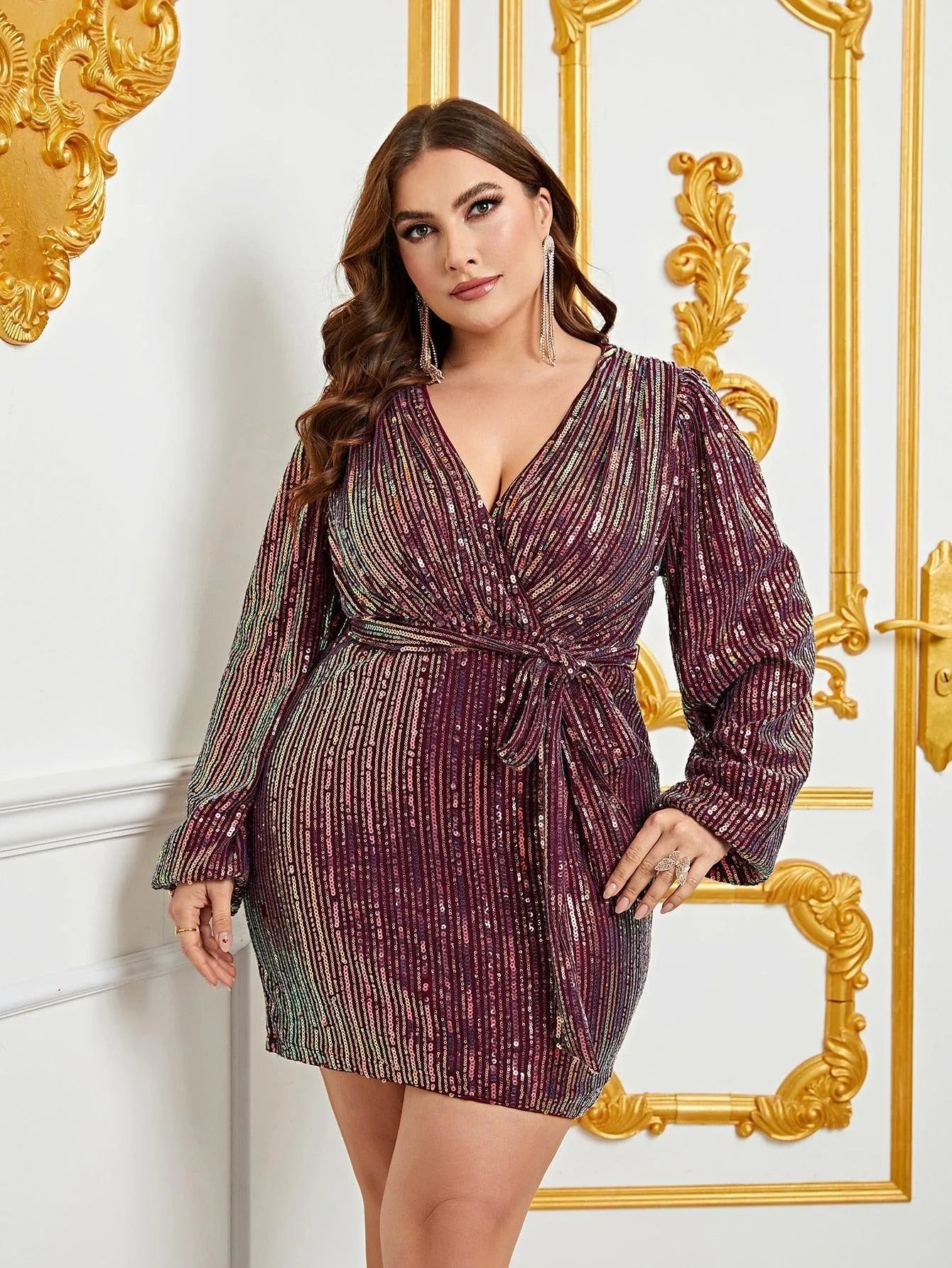 Plus Surplice Neck Lantern Sleeves Sequin Belted Dress - Elonnashop