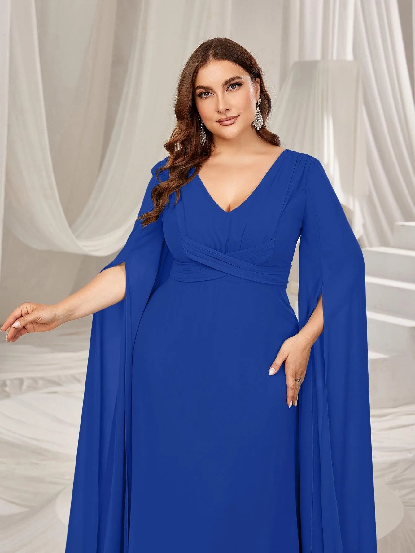 Plus Solid Ruched Front Extra-Long Sleeves Chiffon Prom Dress Green / 2XL Plus Solid Ruched Front Extra-Long Sleeves Chiffon Prom Dress Green / 2XL
