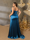 Plus Elegant Ruched Side Draped Satin Cami Evening Dress