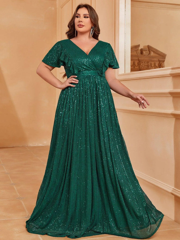 Navy Blue Dress Long Evening Dresses Size 18 Plus V Neck Ruffle Trim Sequin  Formal Dresses  Curvepretty