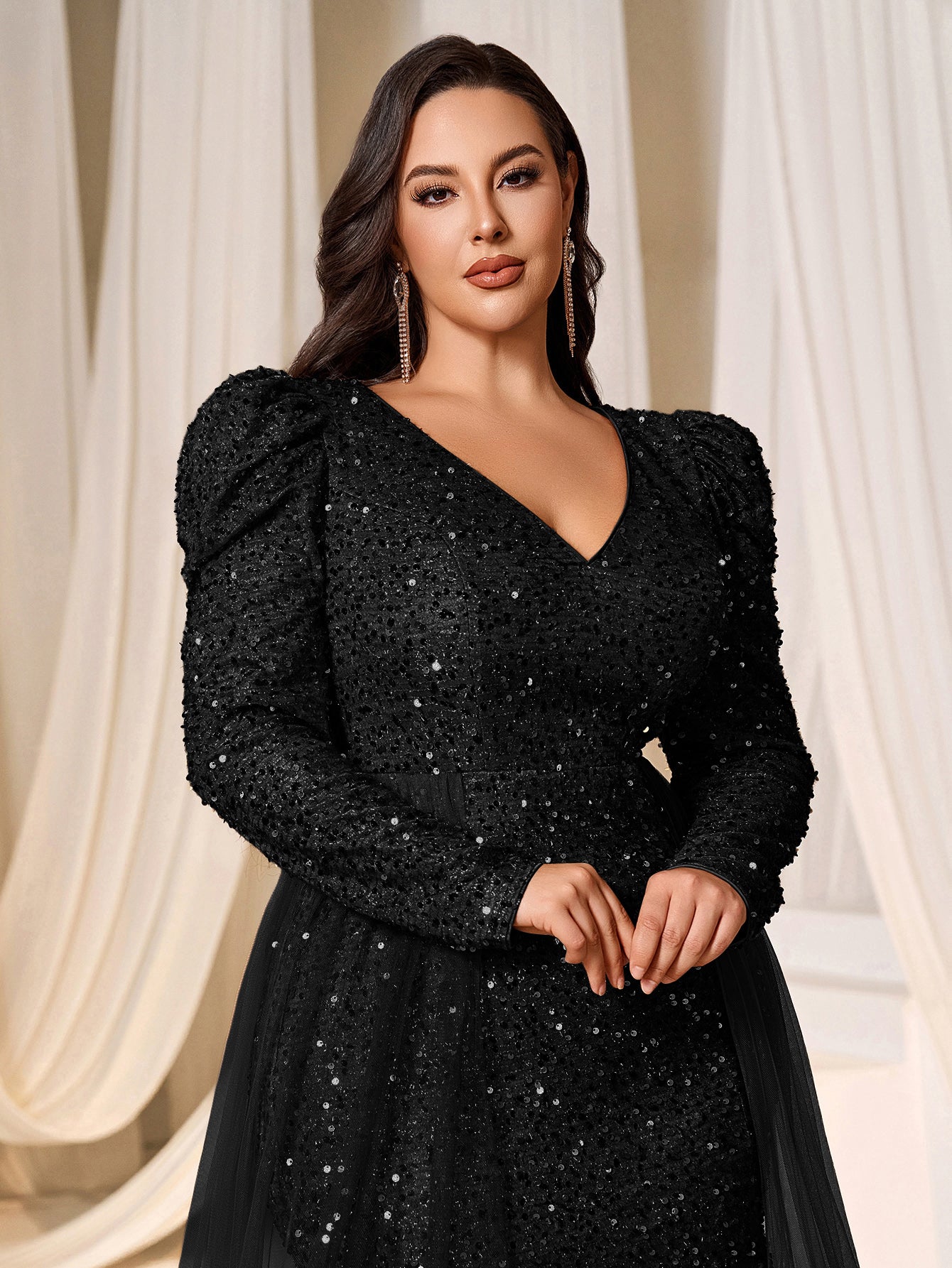Plus Gigot Sleeves Split Mermaid Hem Sequin Formal Dress Royal Blue / 3XL Plus Gigot Sleeves Split Mermaid Hem Sequin Formal Dress Royal Blue / 3XL