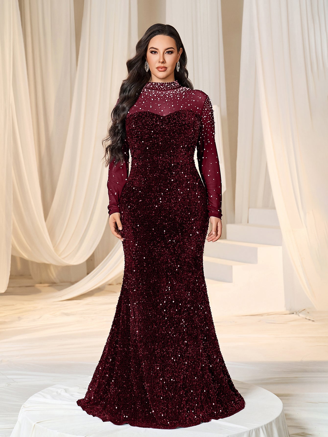 mermaid pearl sequin dress Beautiful Off-the-Shoulder Long Sleeves Prom Dress Mermaid Pearls With Beads