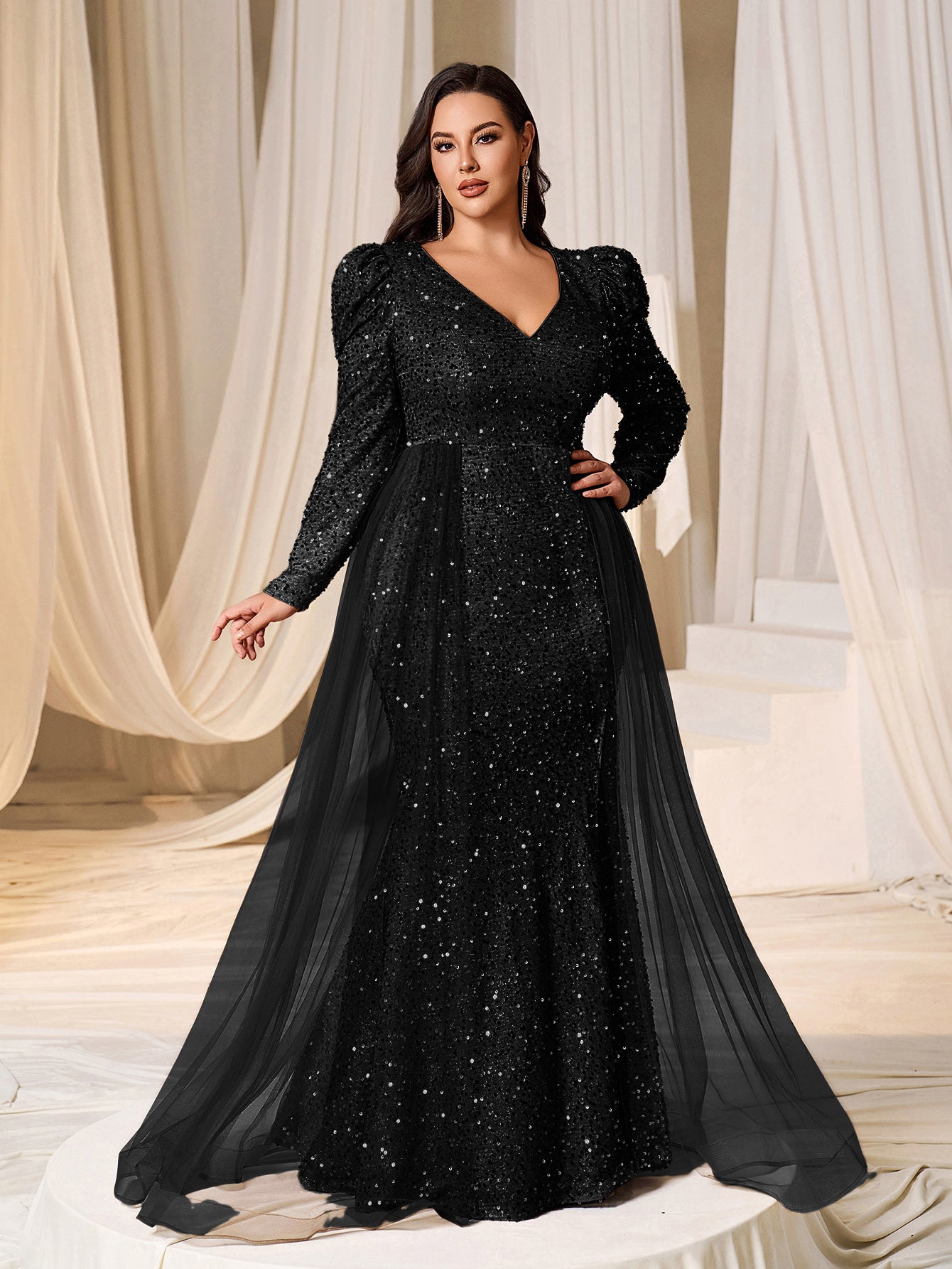 Plus Gigot Sleeves Split Mermaid Hem Sequin Formal Dress Royal Blue / 3XL Plus Gigot Sleeves Split Mermaid Hem Sequin Formal Dress Royal Blue / 3XL