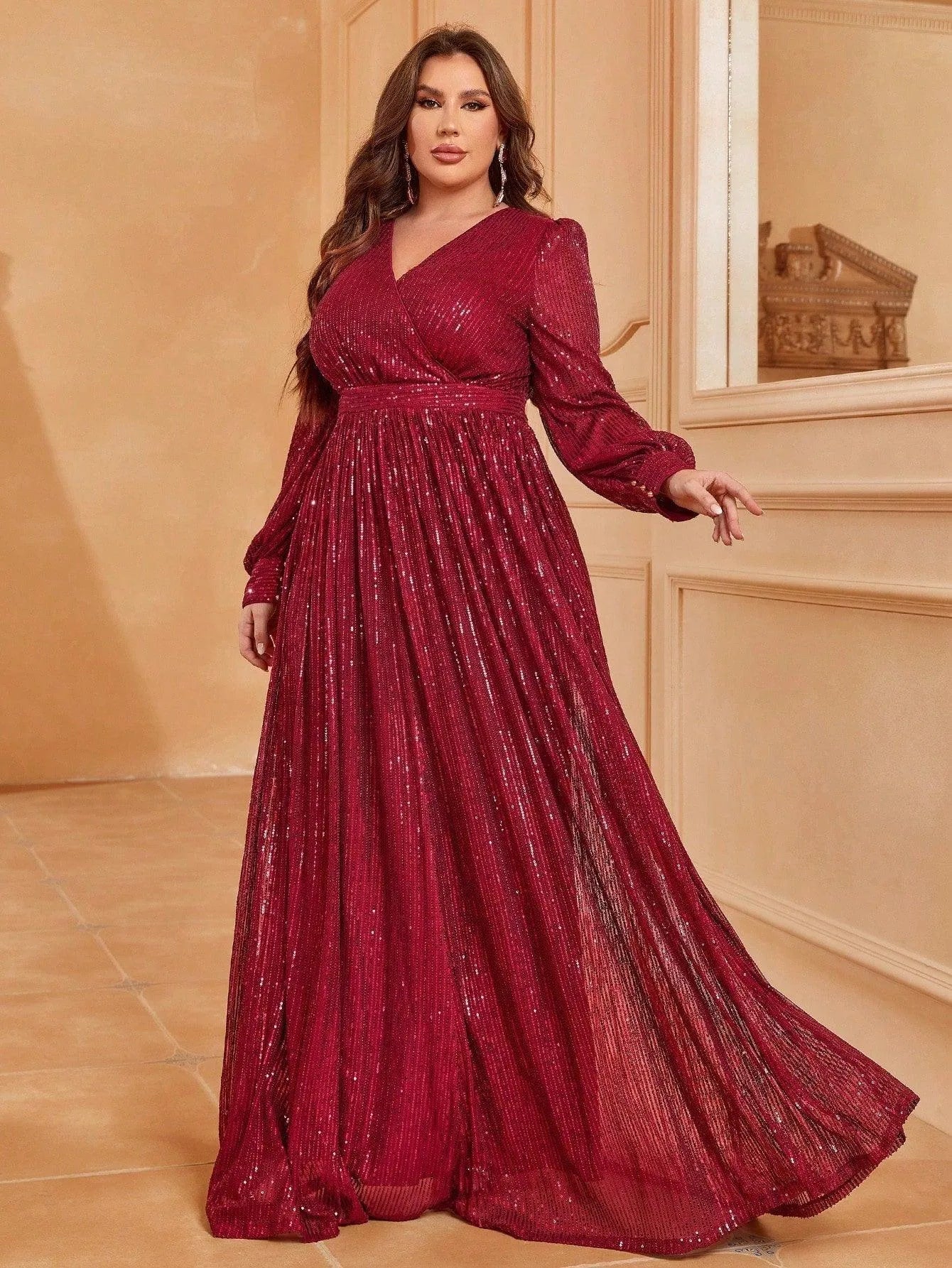 Plus V Neck Lantern Sleeve Sequin A Line Dresses Dark Green / 1XL Plus V Neck Lantern Sleeve Sequin A Line Dresses Dark Green / 1XL