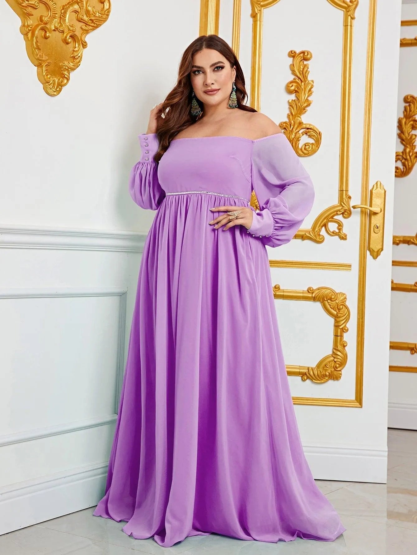 Plus Off Shoulder Long Sleeves Chiffon A Line Dress - Elonnashop