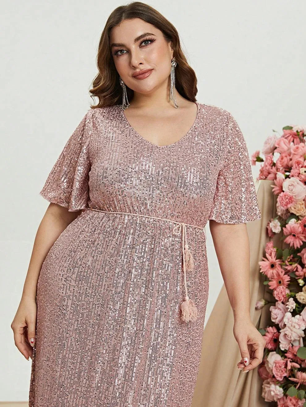 Plus Butterfly Sleeve Sequin Prom Dress - Elonnashop