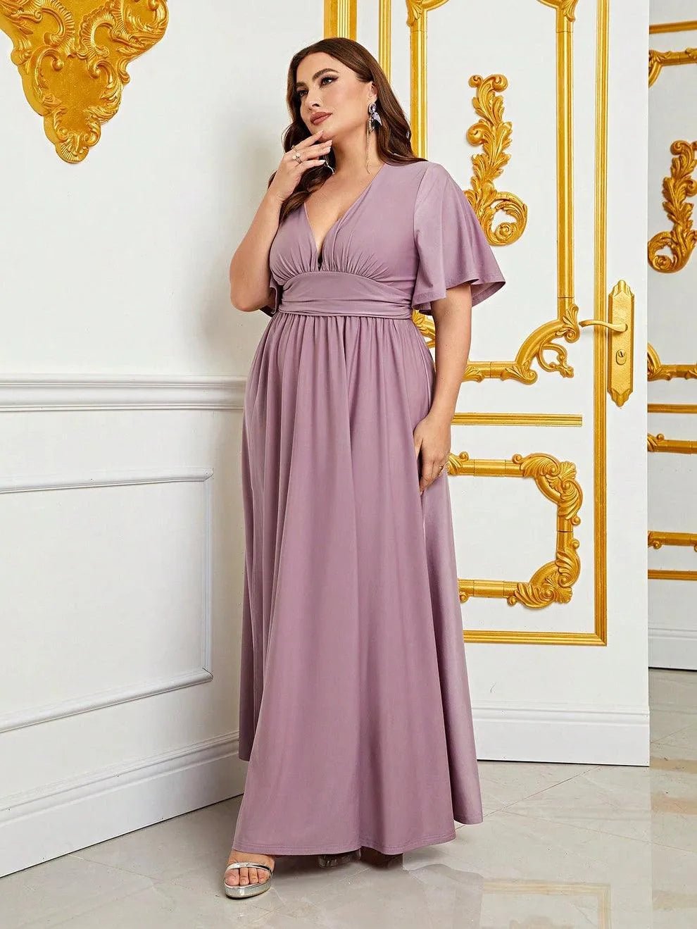 slim fit dress slacks Womens' Plunging Neck Butterfly Sleeves Sequin Formal Dress Champagne / M main image 0