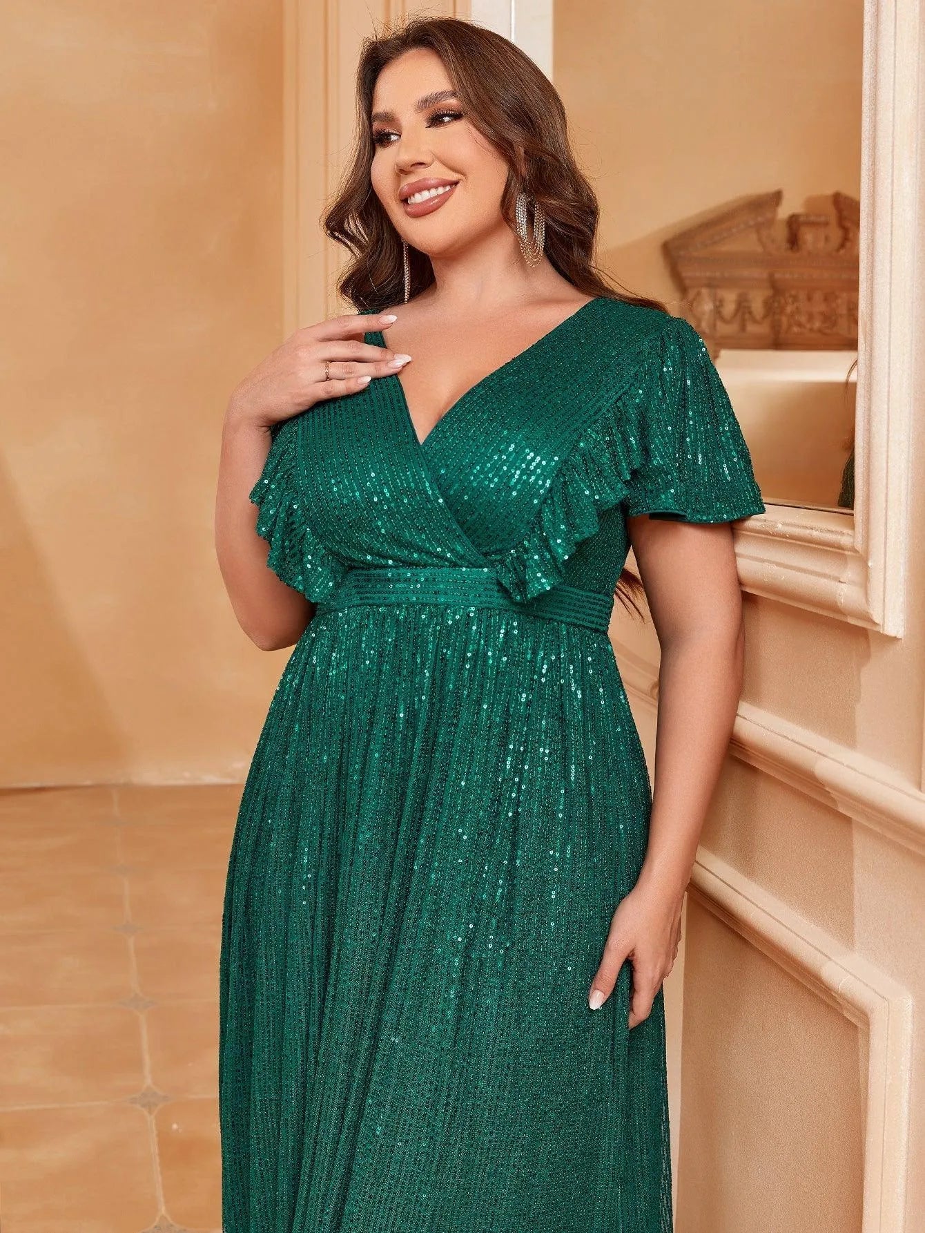 ruffle trim evening dress Spaghetti Strap Ruffle Trim Plain Mermaid Evening Dress