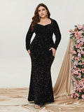 Plus Sweetheart Neck Long Sleeve Sequin Prom Dresses - Elonnashop