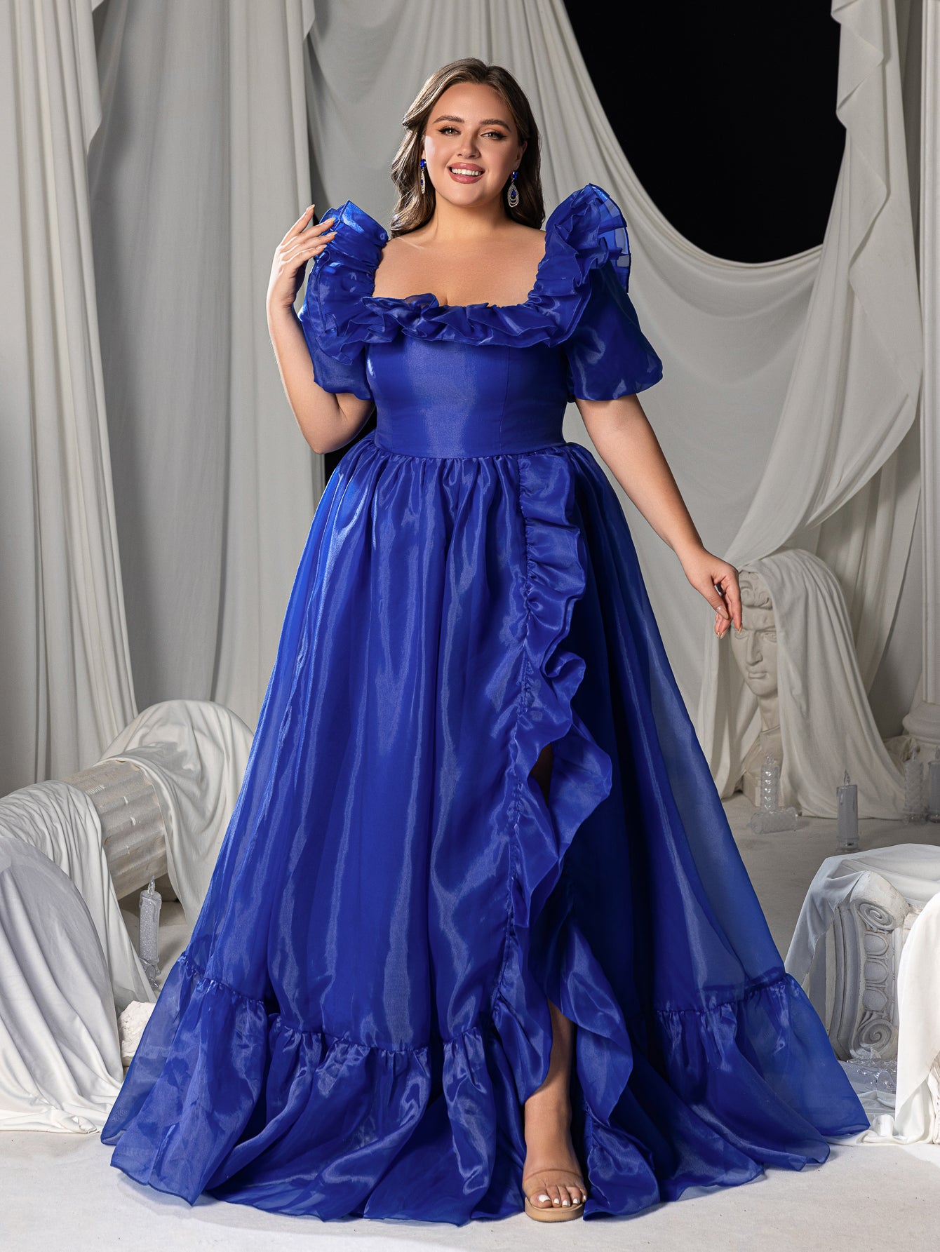 Plus Square Collar Ruffle Trim Puff Sleeves Organza Prom Dress Curvepretty Plus Square Collar Ruffle Trim Puff Sleeves Organza Prom Dress Curvepretty