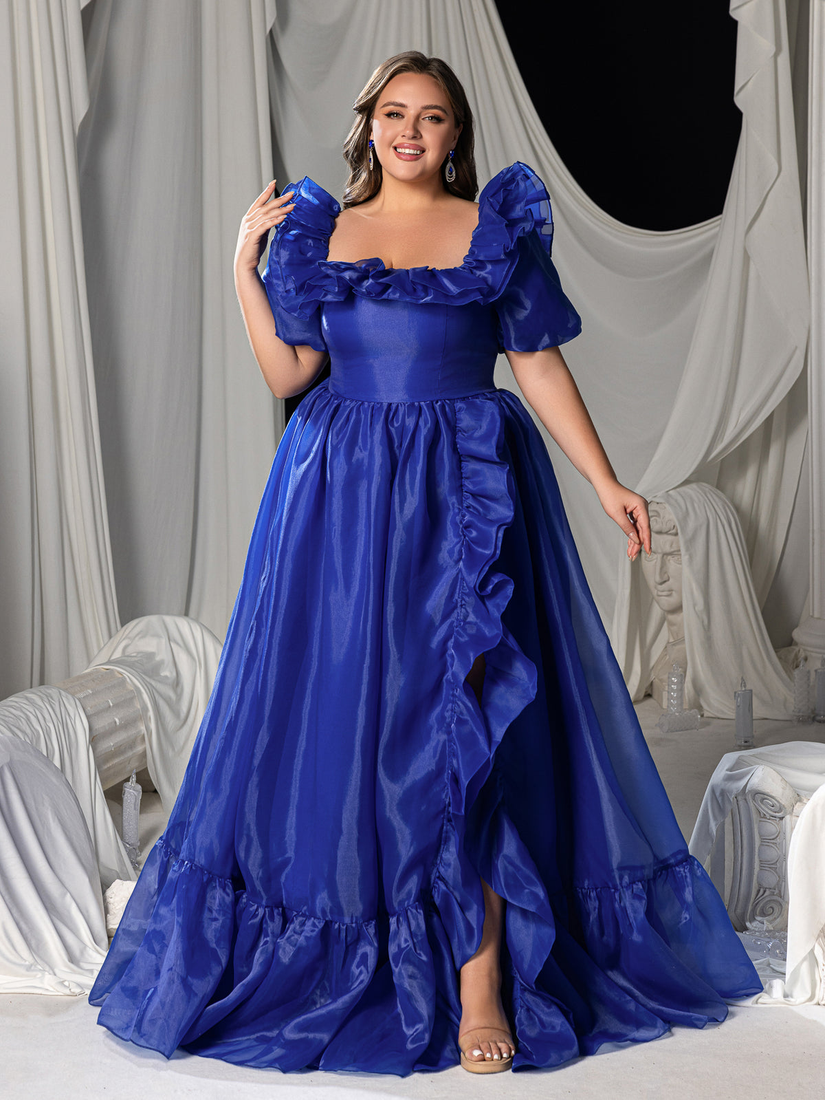 Plus Square Collar Ruffle Trim Puff Sleeves Organza Prom Dress