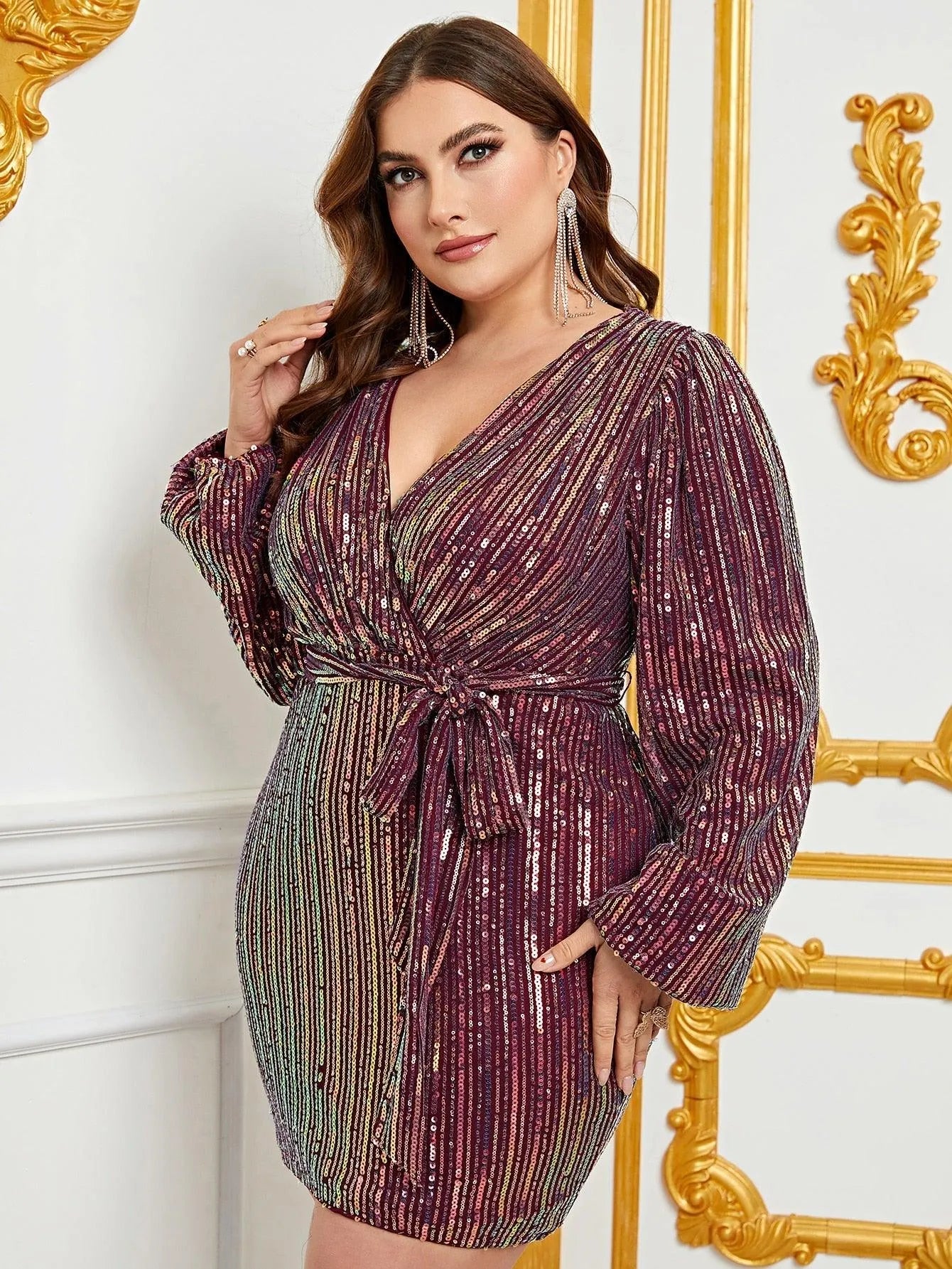 Plus Surplice Neck Lantern Sleeve Sequin Belted Dress Burgundy / 1XL Plus Surplice Neck Lantern Sleeve Sequin Belted Dress Burgundy / 1XL