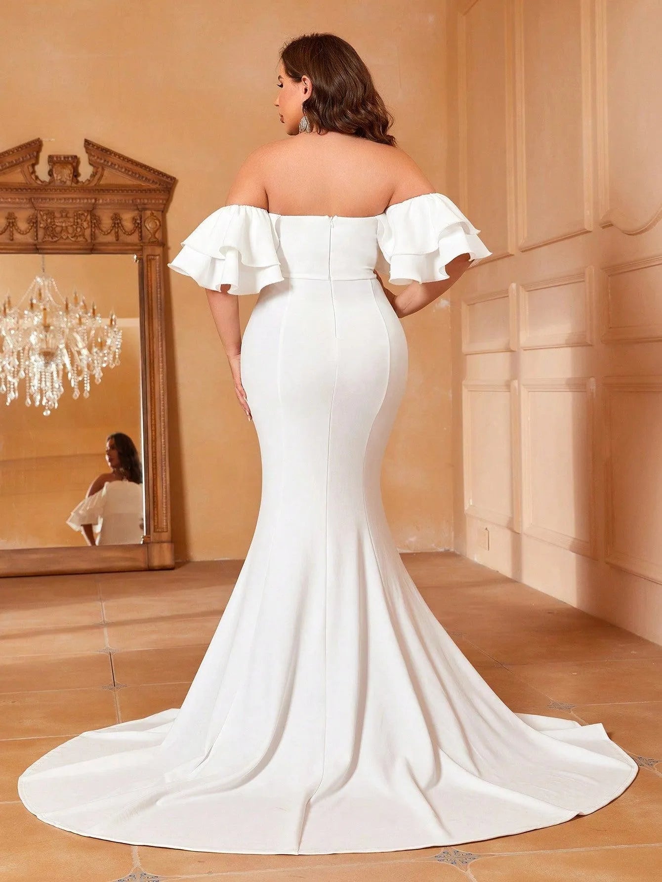 Plus Off Shoulder Ruffle Sleeve Mermaid Wedding Dress - Elonnashop