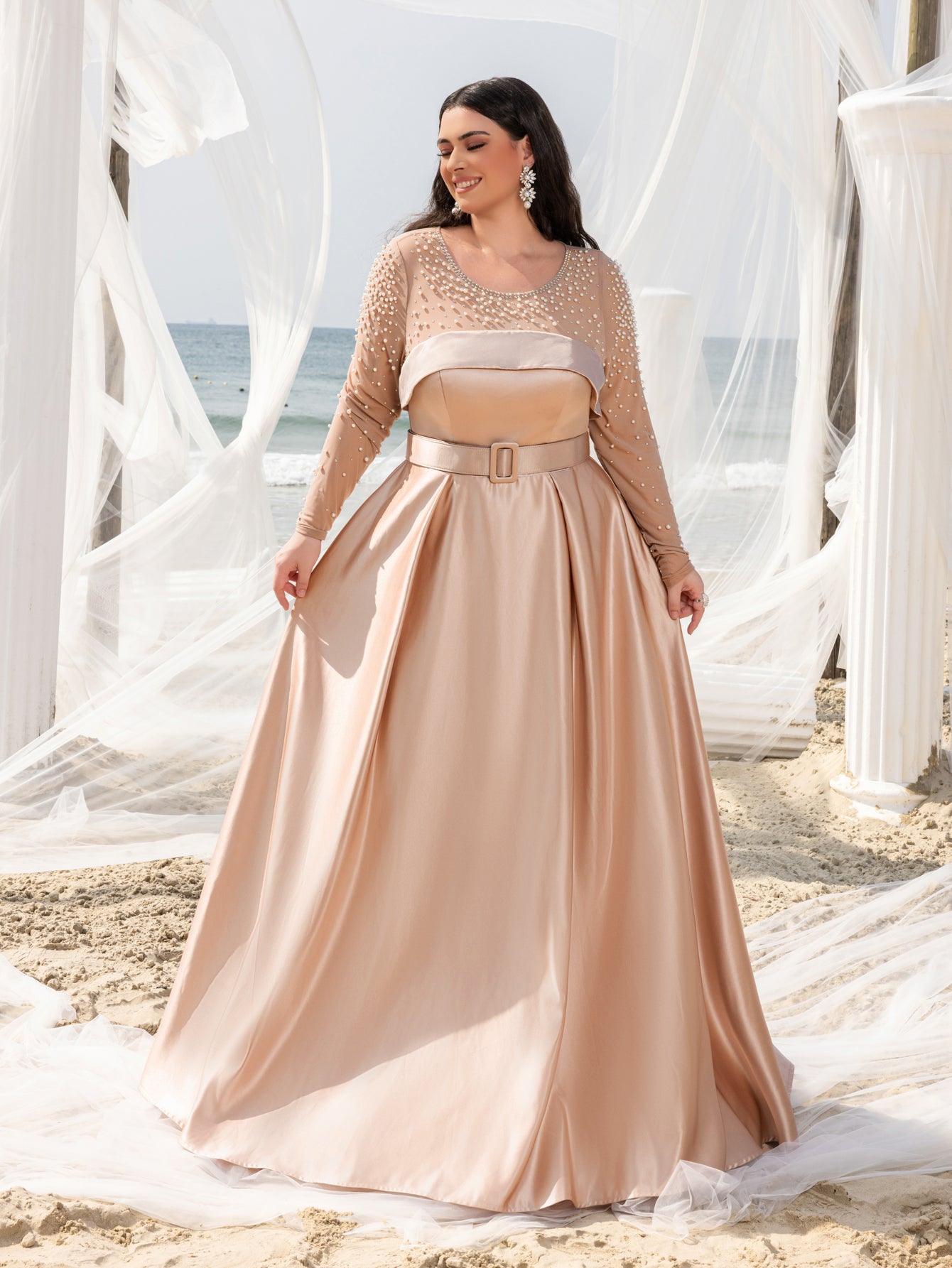 Plus Beaded Sheer Sleeve Formal Dress | Wide Belting | Satin A-Line Champagne / 3XL Plus Beaded Sheer Sleeve Formal Dress | Wide Belting | Satin A-Line Champagne / 3XL