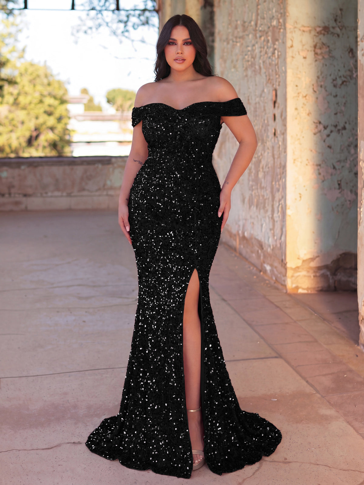 Plus Elegant Off Shoulder Split Sequin Mermaid Formal Dress
