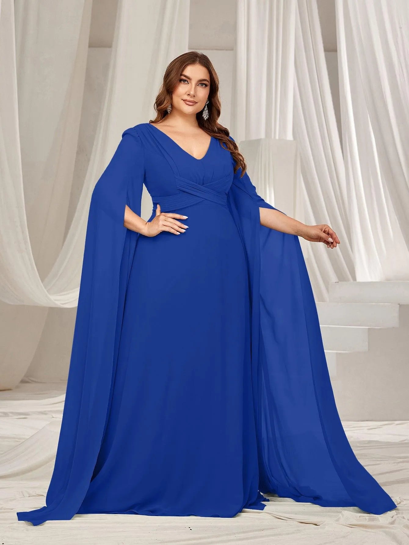Plus Solid Ruched Front Extra-Long Sleeves Chiffon Prom Dress Green / 2XL Plus Solid Ruched Front Extra-Long Sleeves Chiffon Prom Dress Green / 2XL
