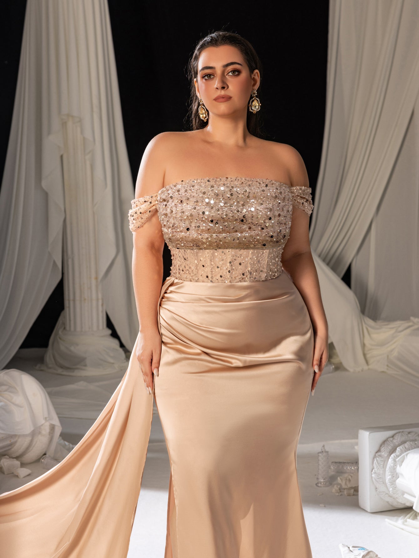 Plus Off-Shoulder Gown with High Slit & Beaded Bodice – Luxury Satin Evening Wear for Red Carpet, Formal Galas & Luxury Weddings, 1XL-5XL