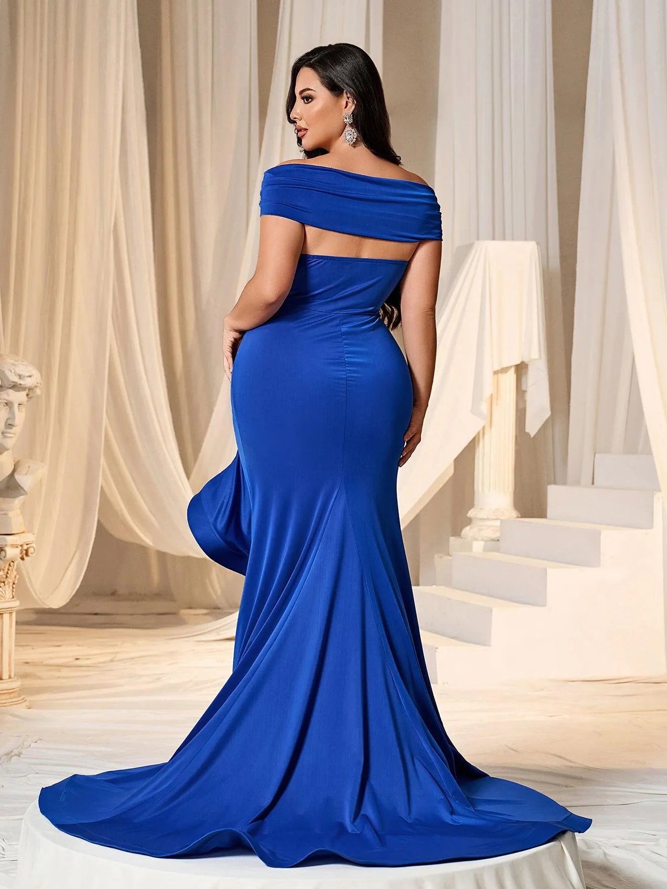 Plus Off Shoulder High Low Hem Prom Dress Royal Blue / 1XL Plus Off Shoulder High Low Hem Prom Dress Royal Blue / 1XL