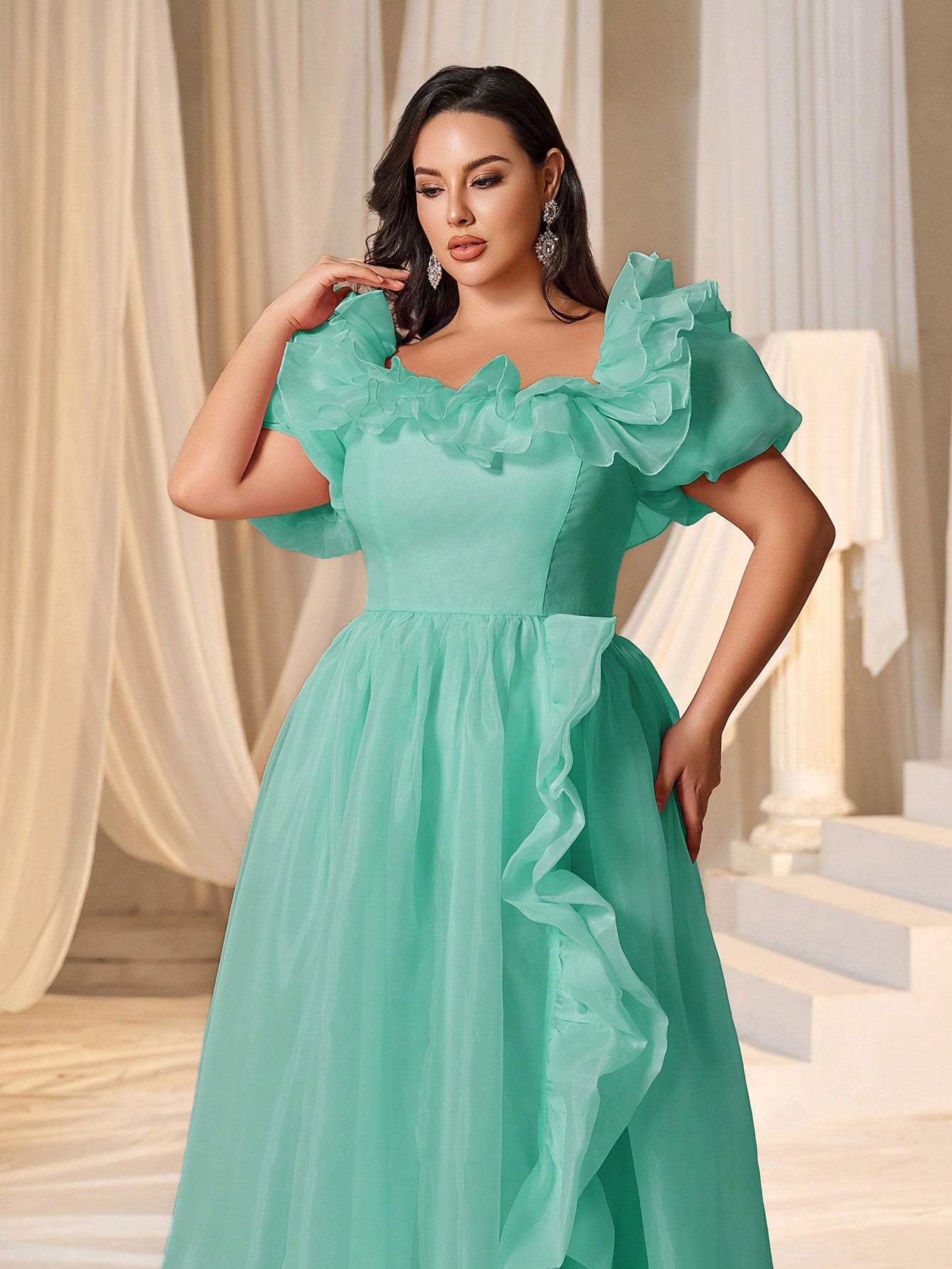 Plus Square Collar Ruffle Trim Puff Sleeves Organza Prom Dress Mint / 1XL Plus Square Collar Ruffle Trim Puff Sleeves Organza Prom Dress Mint / 1XL