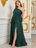 Plus Size One Shoulder Sleeveless Sequin A Line Dresses - Elonnashop