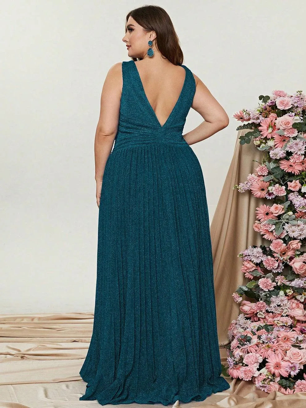 Plus Glitter V Neck Sleeveless Maxi A Line Pleated Gown - Elonnashop