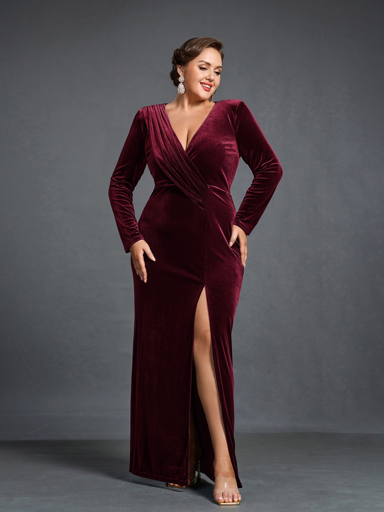 Plus Elegant V Neck Long Sleeve Velvet Slit Dress Dark Green / 4XL Plus Elegant V Neck Long Sleeve Velvet Slit Dress Dark Green / 4XL