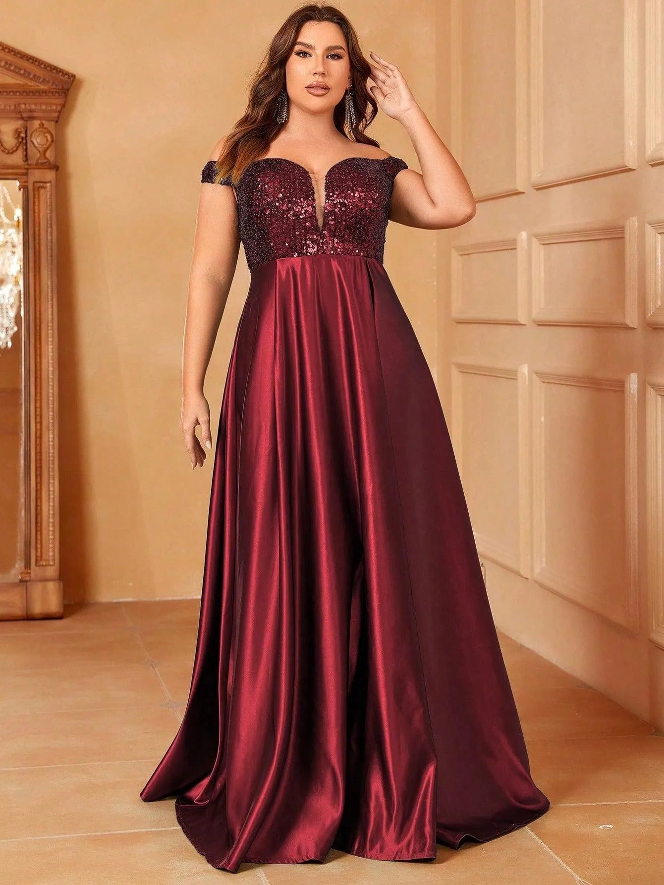 Plus Sweetheart Neckline Contrast Sequin Satin Prom Dress - Elonnashop