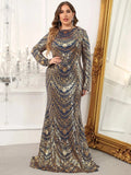 Plus Round Neck Long Sleeve Graphic Sequin Mermaid Dresses