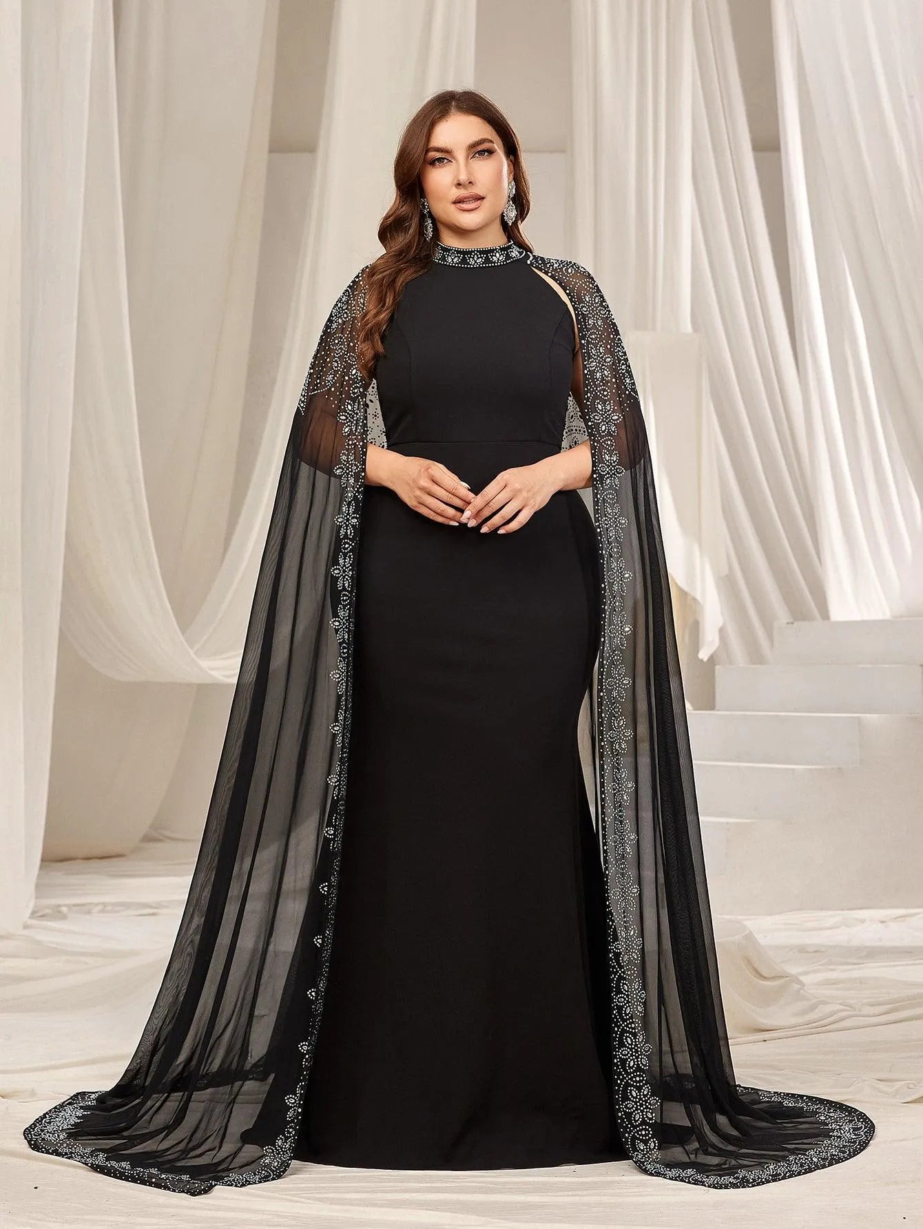 plus size long cape dress L I V D Women's Plus Size Naomi Cape Dress - Navy