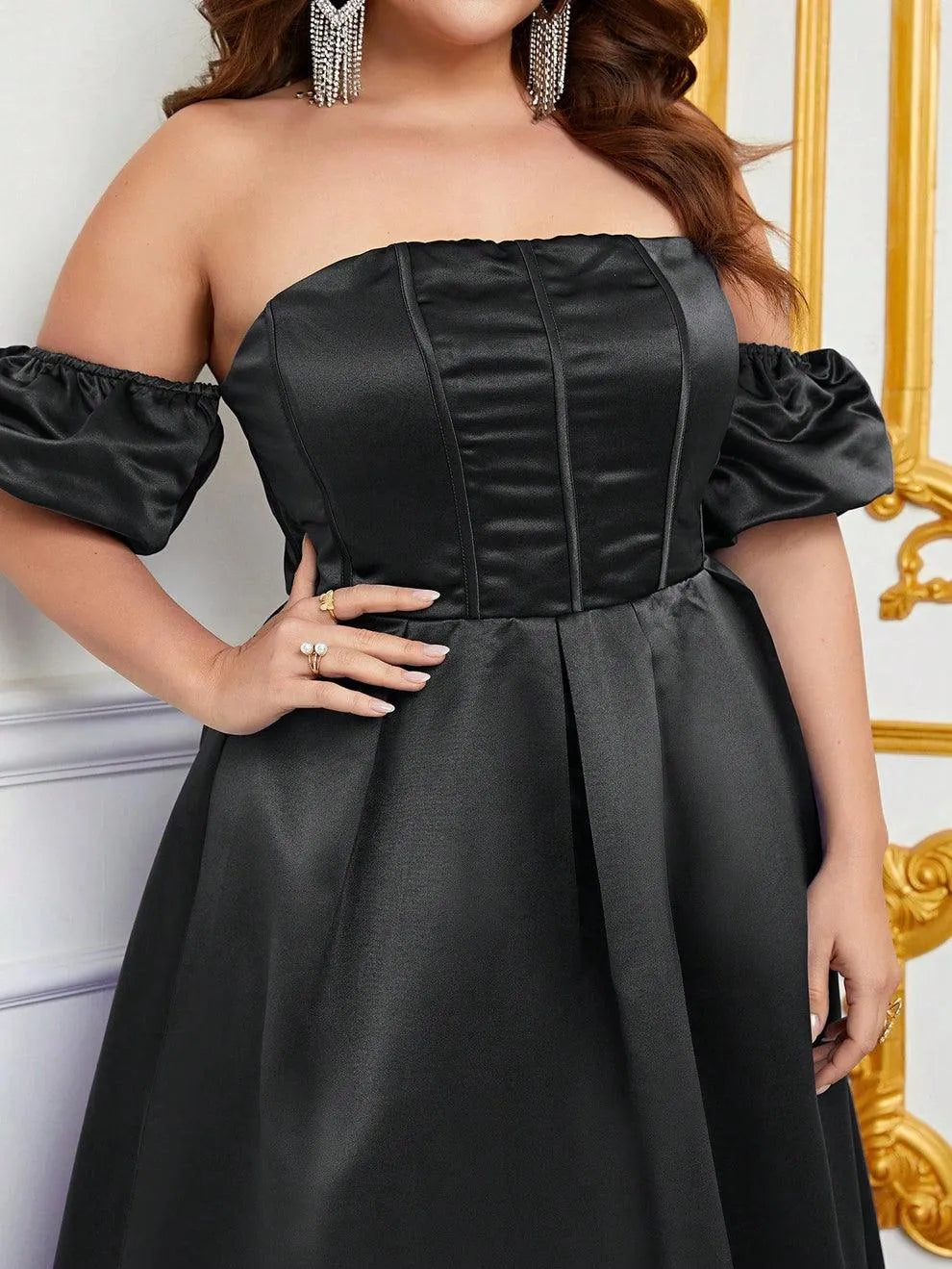 Plus Off Shoulder Puff Sleeves Ruched Bust Satin Prom Dress - Elonnashop