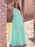 Plus Chiffon One Shoulder Slit Maxi Dress | Asymmetric Neckline Flowy Evening Gown with Side Leg Slit | Formal Party & Prom Dress