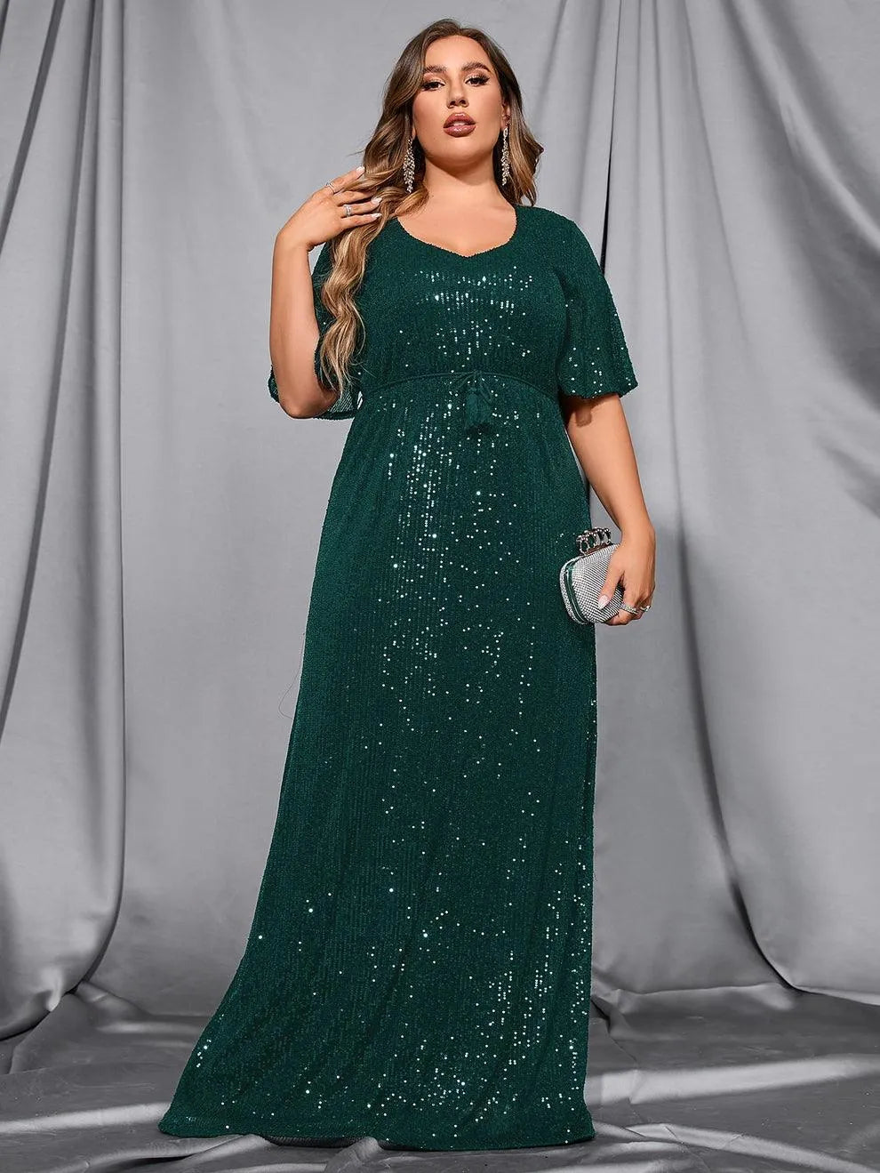 Plus Butterfly Sleeve Sequin Prom Dress - Elonnashop