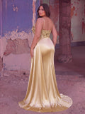 Plus Elegant Sequin Corset Satin Maxi Dress with High Slit | Spaghetti Strap Open Back Evening Gown | Formal Party & Prom Dress