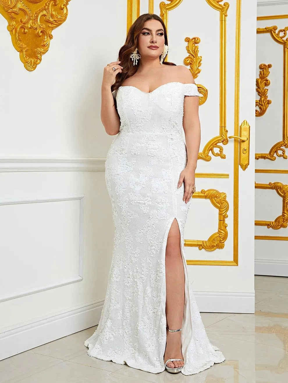 Plus Size Off Shoulder Slit Sequin Mermaid Dress - Elonnashop