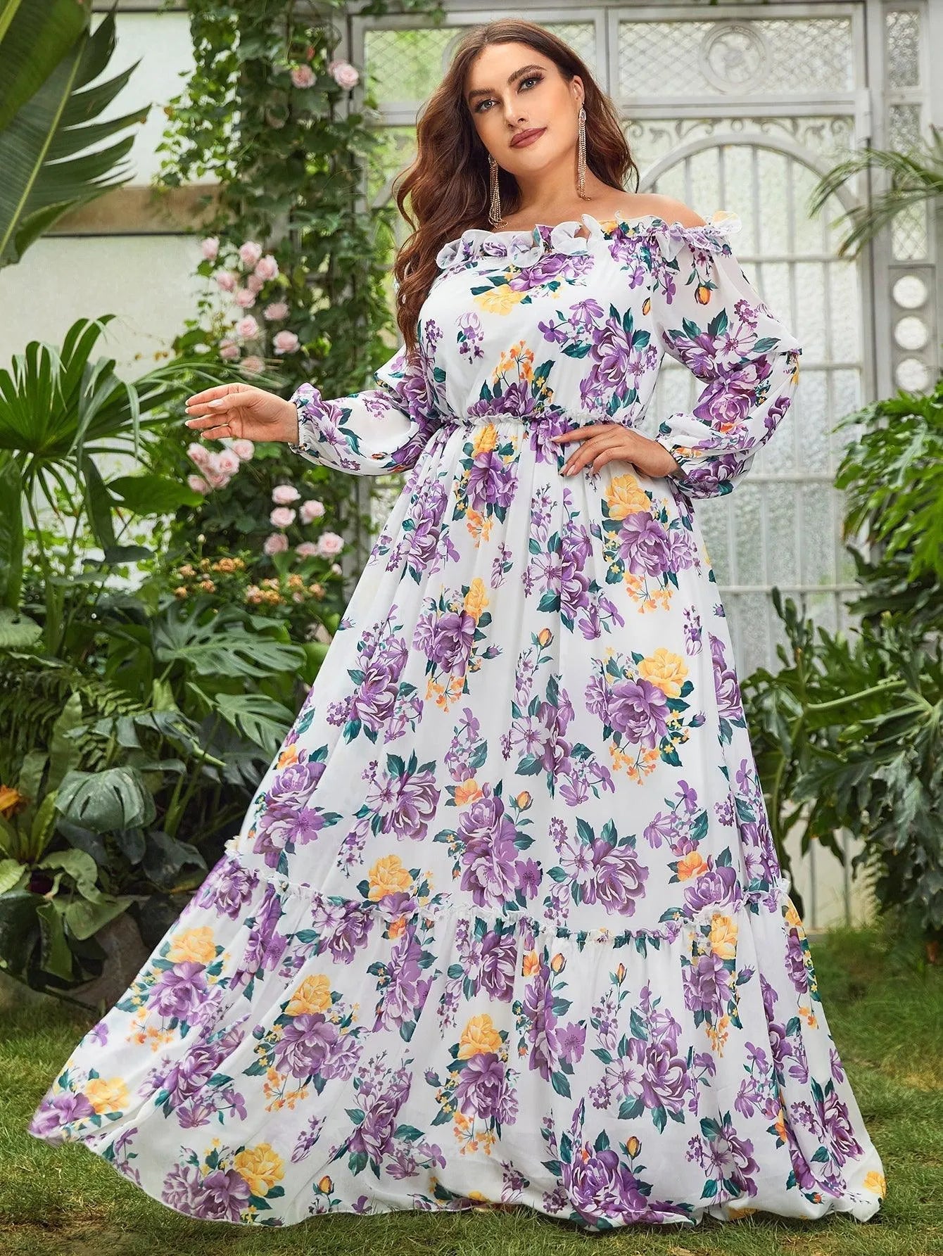Plus Off Shoulder Long Sleeves Floral Chiffon Dress White / 3XL Plus Off Shoulder Long Sleeves Floral Chiffon Dress White / 3XL