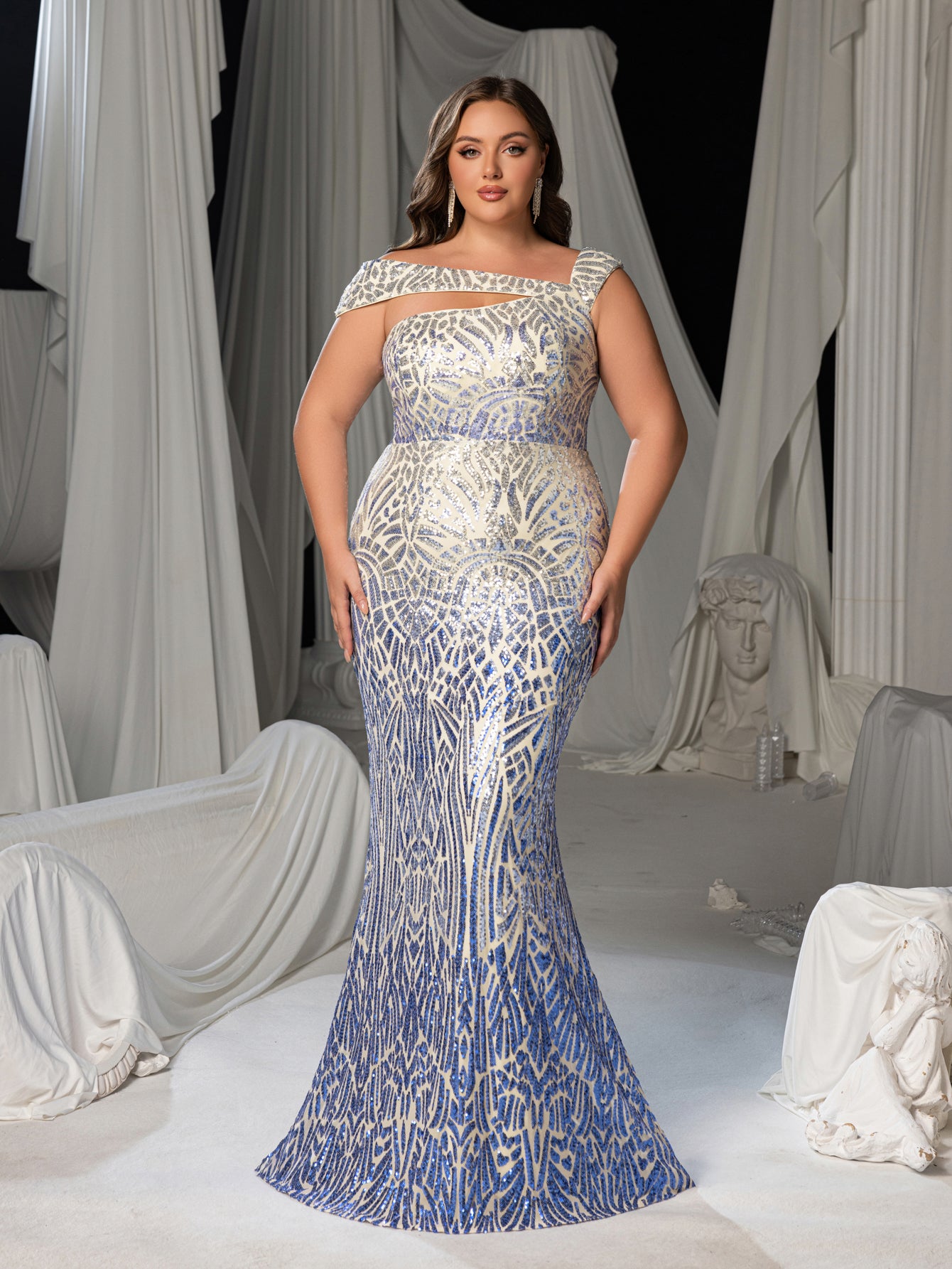 Plus Women's One-Shoulder Geometric Pattern Sequin Mermaid Gown | Ill Blue / 5XL Plus Women's One-Shoulder Geometric Pattern Sequin Mermaid Gown | Ill Blue / 5XL