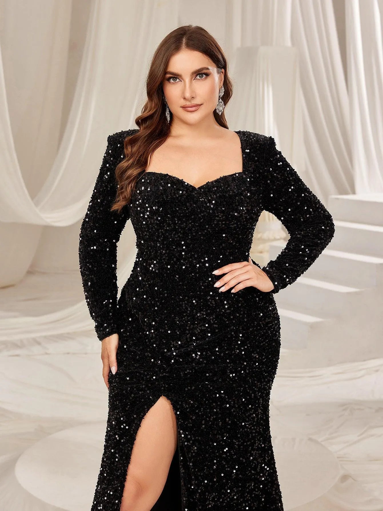 Plus Sweetheart Neck Split Thigh Sequin Formal Mermaid Dress - Elonnashop