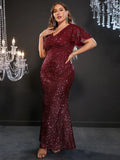 Plus Ruffle Sleeve V Neck Sequin Mermaid Dress - Elonnashop