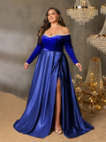 Plus Women's Pearl Accented Off-The-Shoulder Formal Gown | Long Sleeves | Defined Waist Belt | Full Flared Skirt