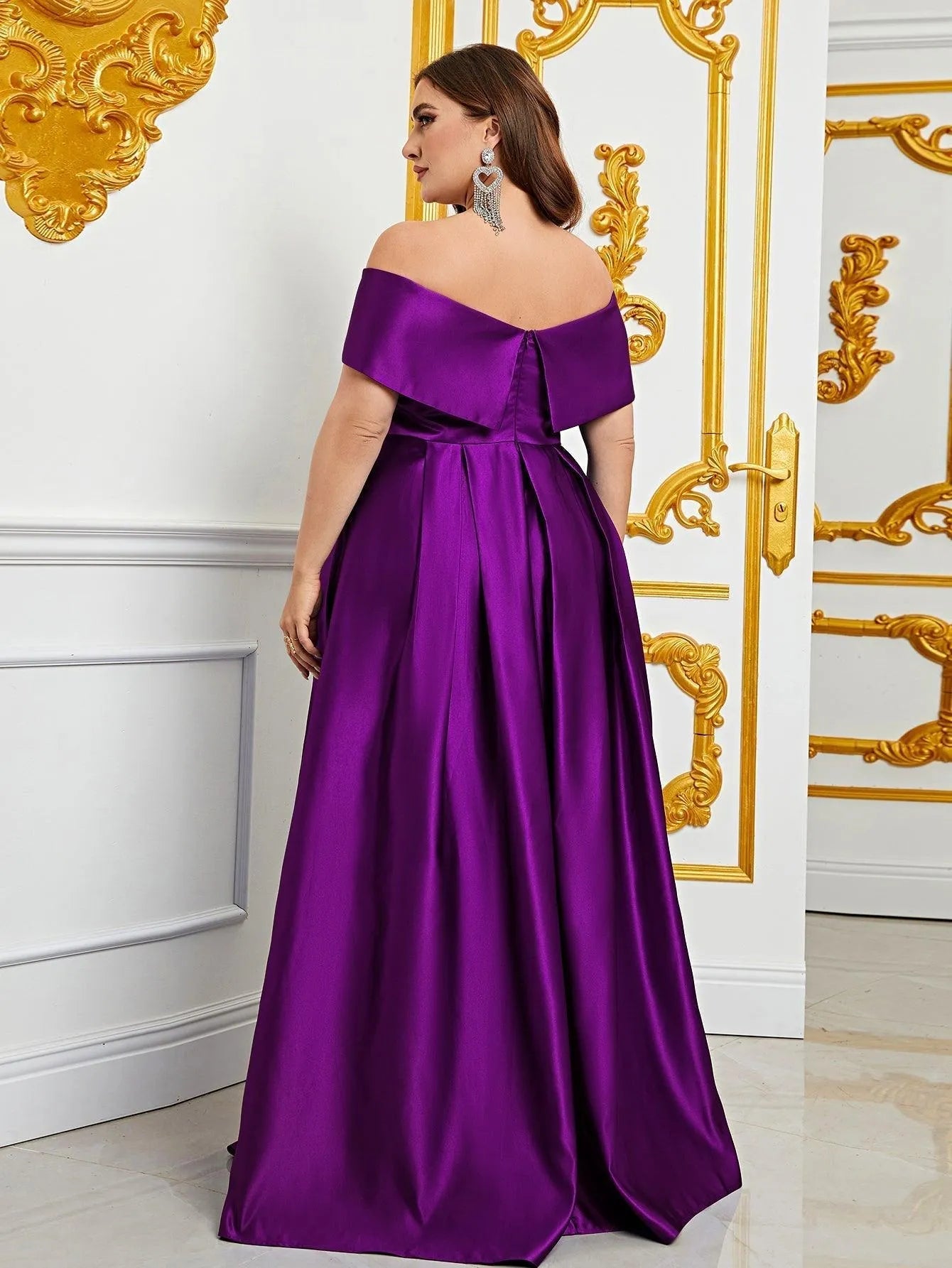 Plus Elegant Off Shoulder Satin A Line Prom Dress - Elonnashop