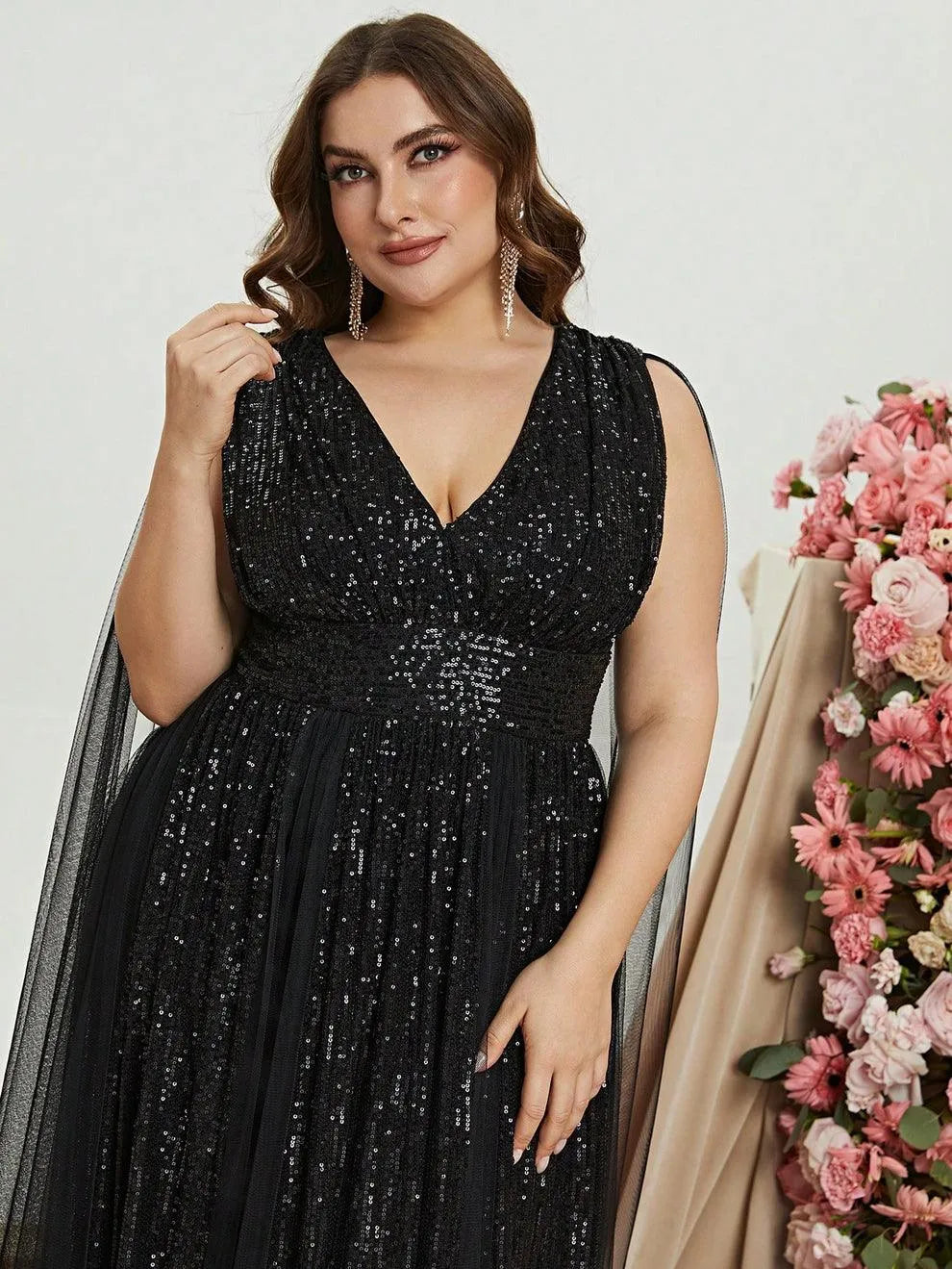 Plus Deep V Neck Sequin A Line Cape Dress - Elonnashop