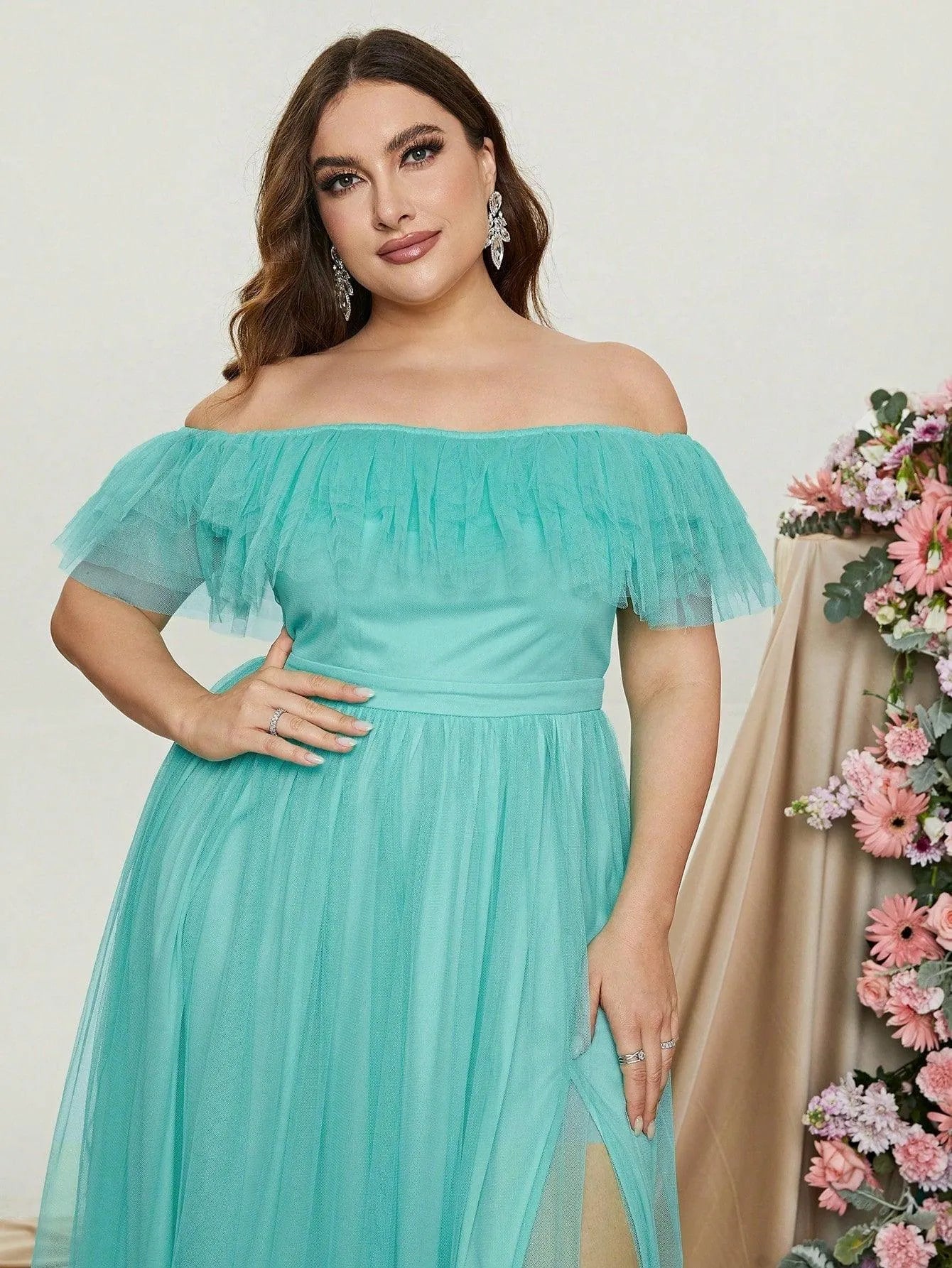 Plus Off Shoulder Layered Tulle A Line Dress - Elonnashop