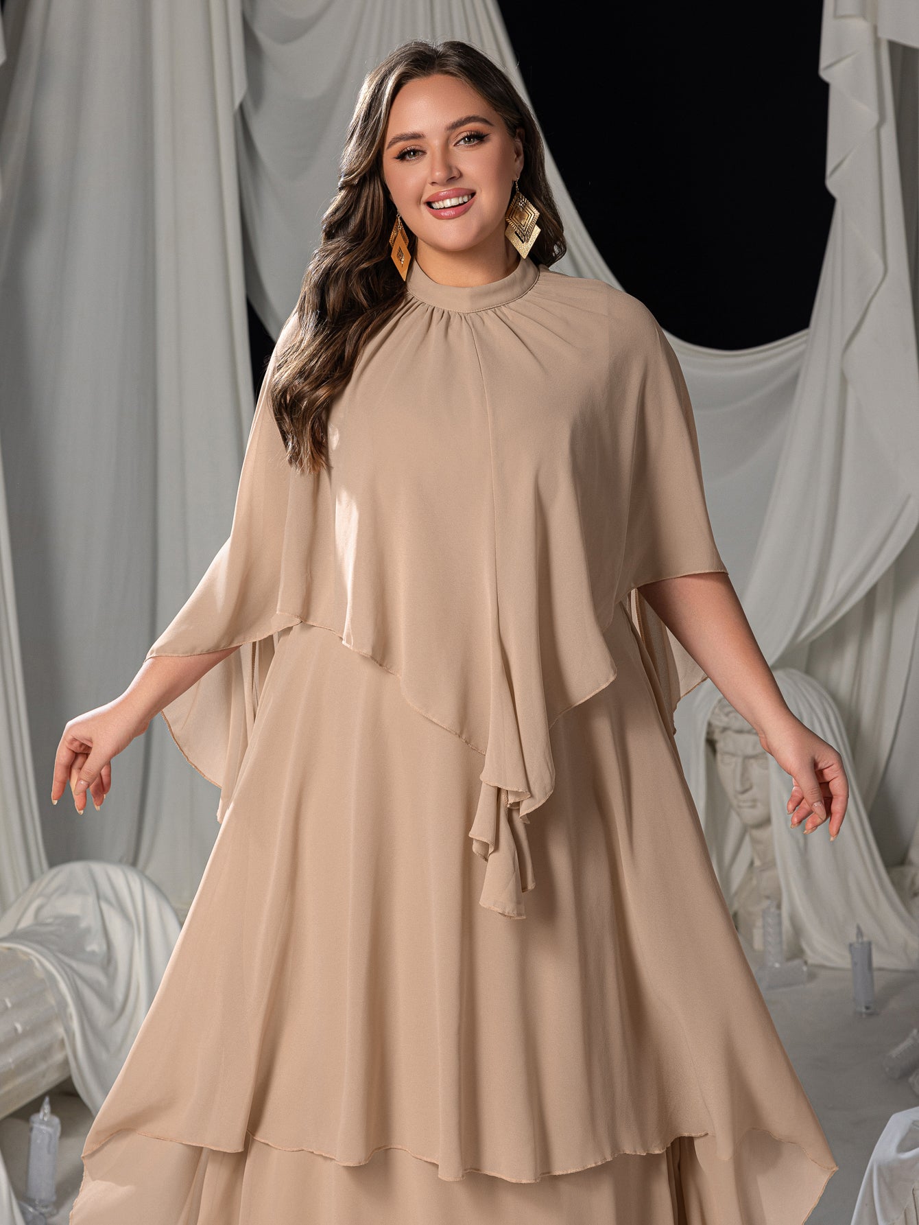 Plus Mock Neck Layered Hem Chiffon Evening Dress