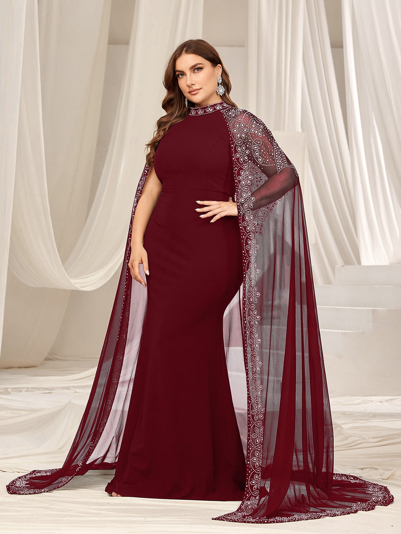 Plus Rhinestone Detail Mock Neck Mermaid Hem Formal Cape Dress Burgundy / 5XL Plus Rhinestone Detail Mock Neck Mermaid Hem Formal Cape Dress Burgundy / 5XL