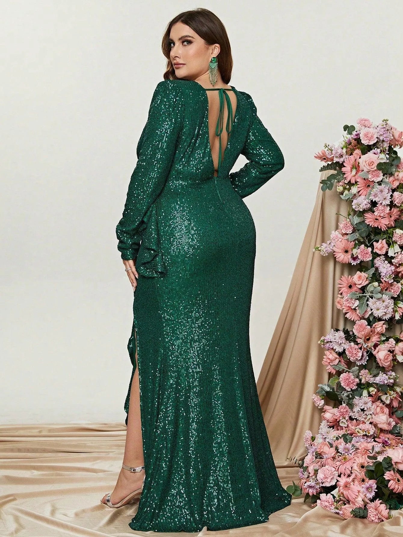 Plus Backless Ruffle Split Thigh Sequin Party Dress Dark Green / 3XL Plus Backless Ruffle Split Thigh Sequin Party Dress Dark Green / 3XL